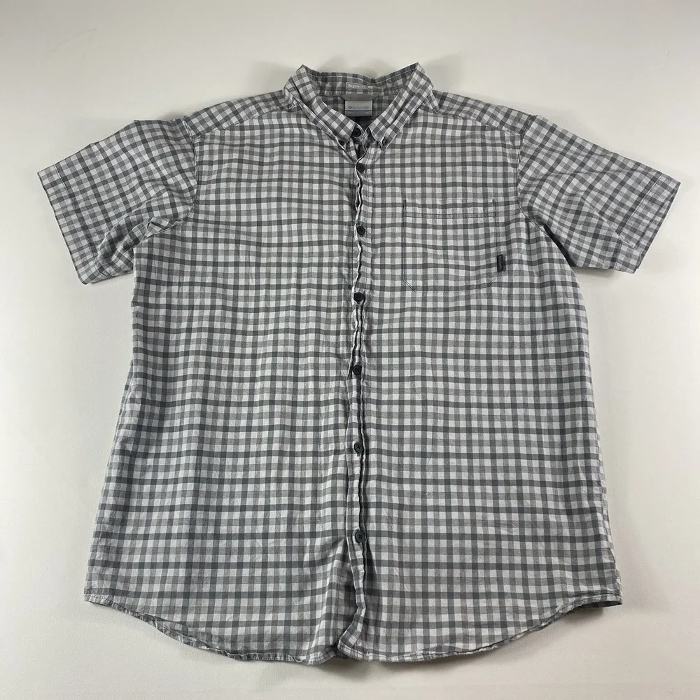 Columbia Button Down Shirt Mens XL Grey‎ White Check Cotton Stretch Short Sleeve